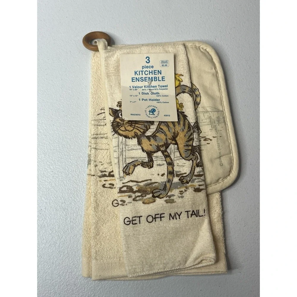 Vtg 3 Piece Kitchen Towel Set Cat Bird MCM Pot Holder Dish Cloth Gibson Humor‎